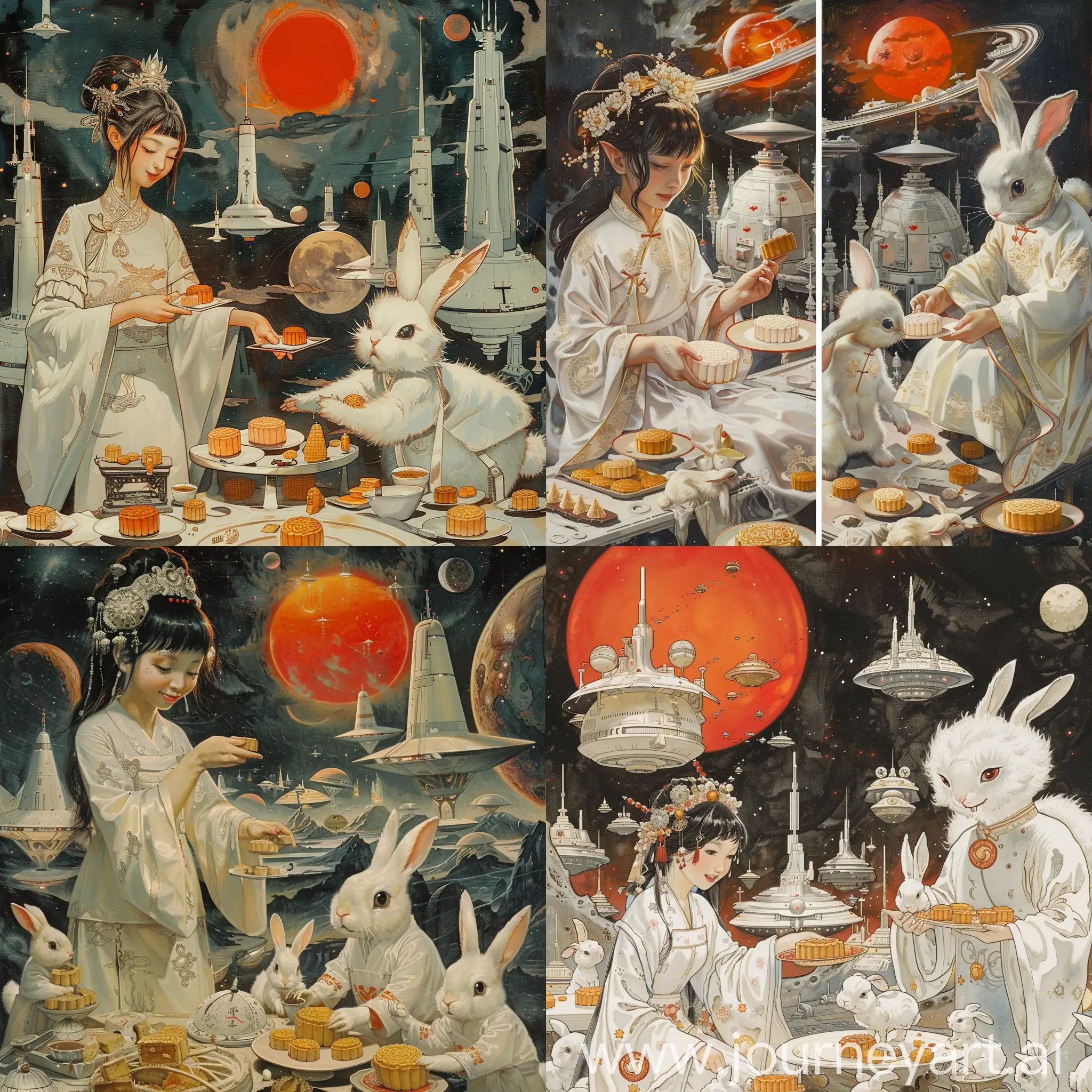 Mucha painting mode:

at left, a charming, elegant and beautiful young Chinese Princess Fairy Chang'e, she is in white Hanfu costume robe with Moon emblems on robe, she looks like Liu Yifei.

at right, a cute furry white Rabbit Yutu in white color Chinese Hanfu with Moon emblems,

they are fabricating delicious little mooncakes together,
other small White curry rabbits are helping them.

Moon lunar steel bases and other white Spaceships as background,

a red sun is smiling in dark sky,