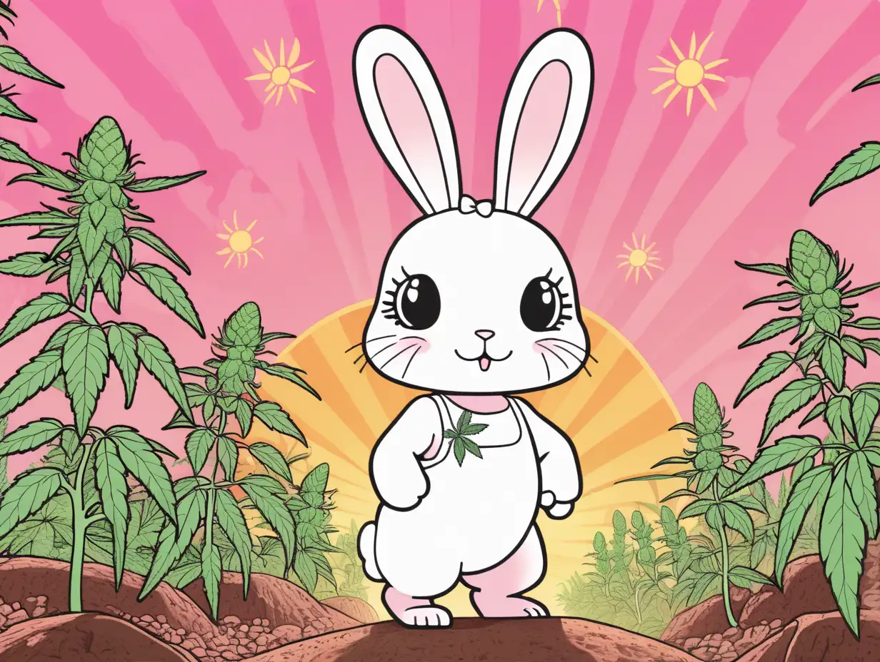 Cartoon female bunny standing in a field of cannabis with a pink sky and sun behind them






