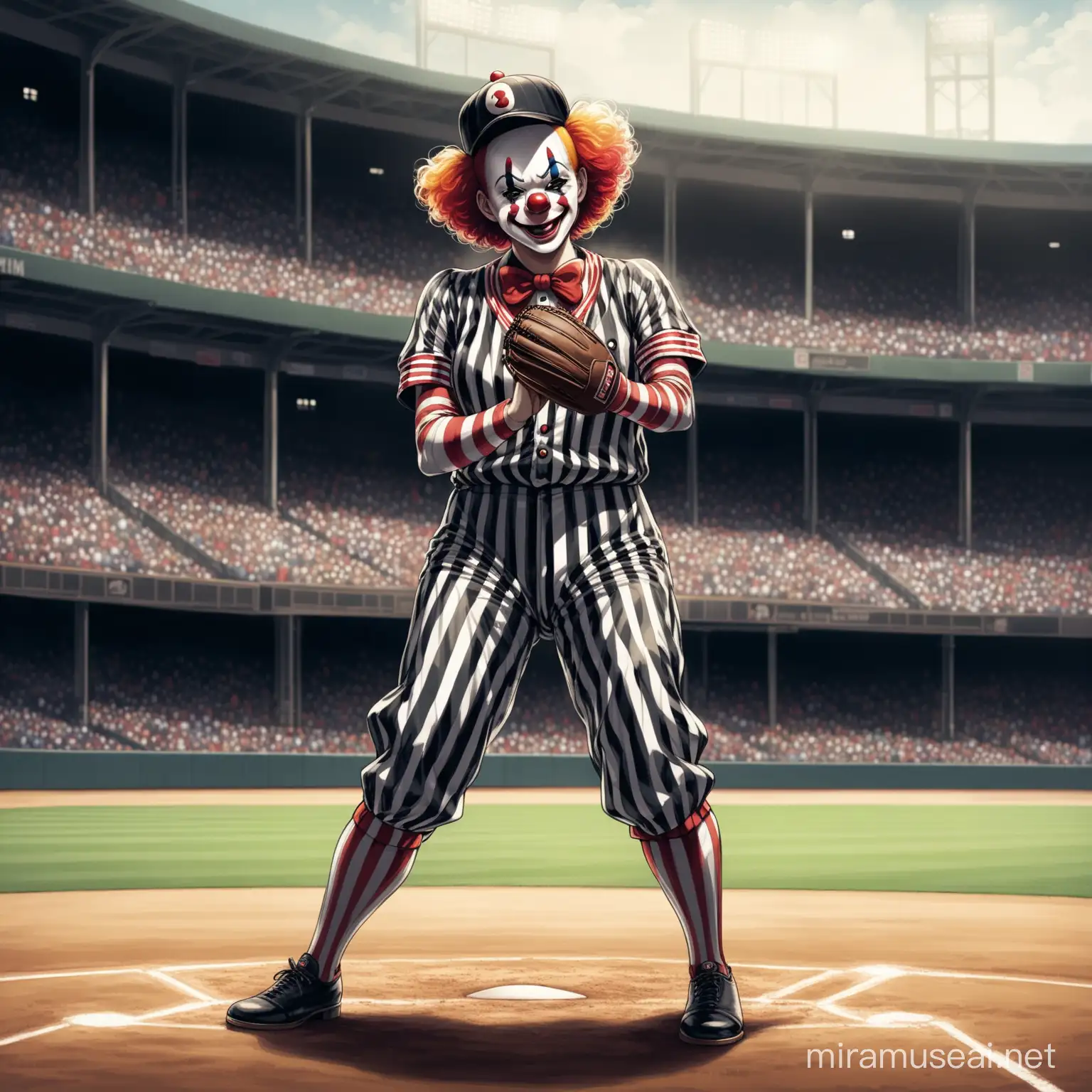 Female Clown Playing Baseball in Noir Style Stadium Scene