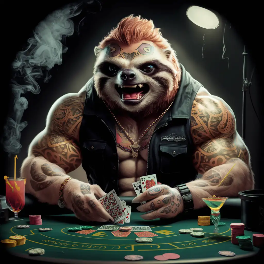 tatoo muscular angry sloth is playing poker