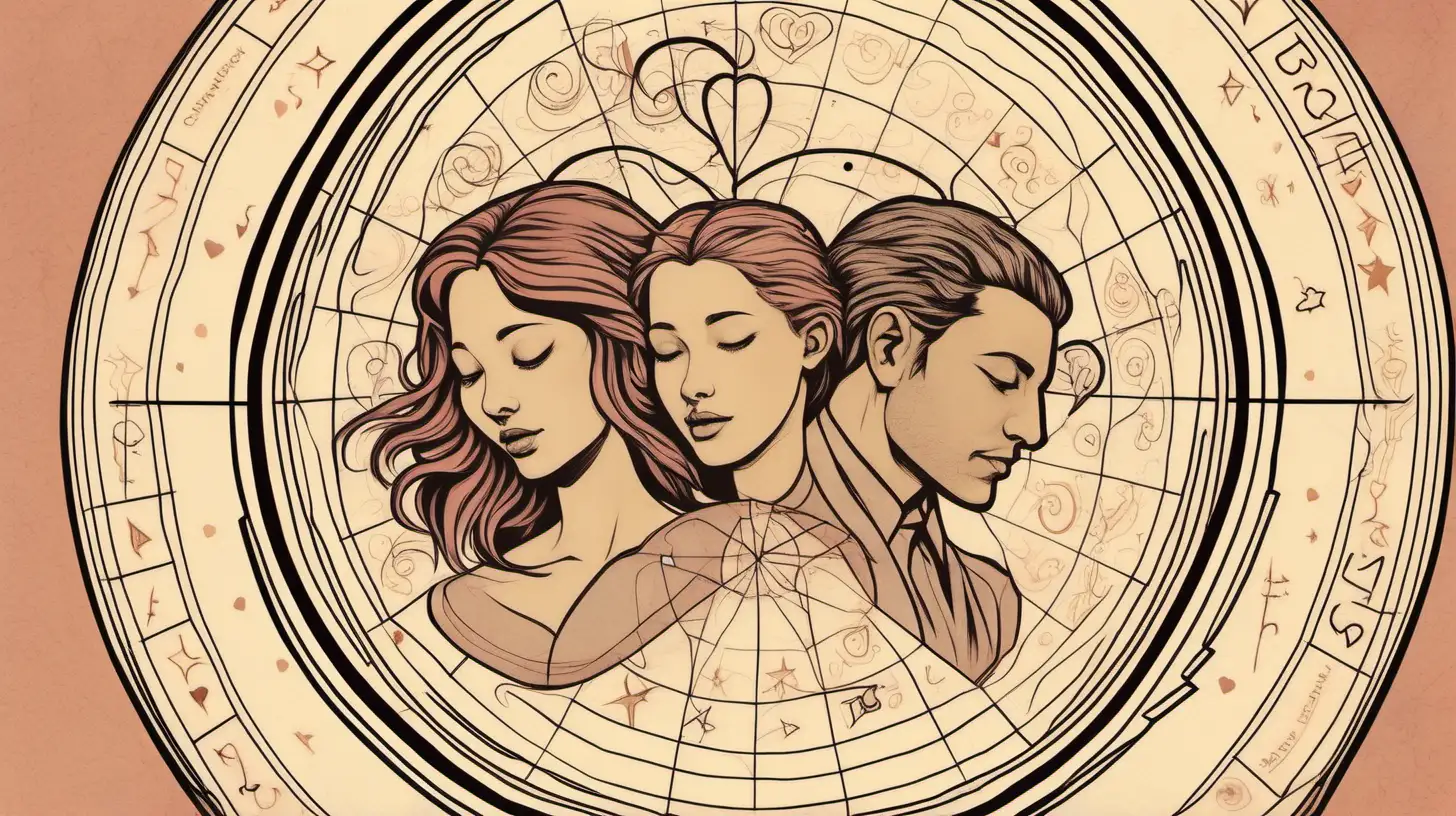 astrological wheel, love, couples , heart shapes, loose lines, muted colors, female faces flying around the wheel