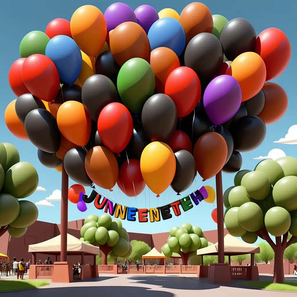 cartoon colorful decorated park for juneteenth in New Mexico with balloons