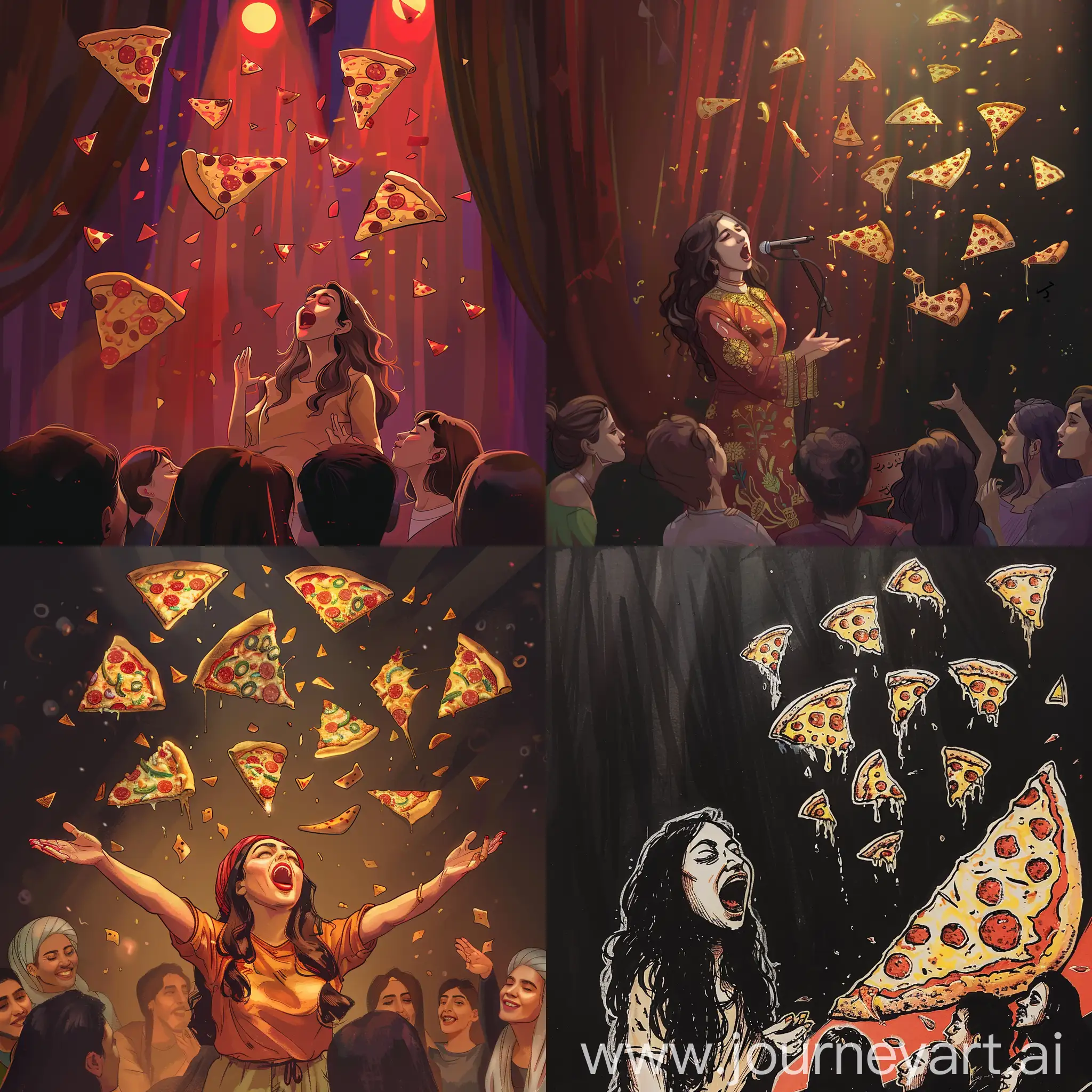 I want to draw a scene where an Iranian female singer is singing and pizza is falling from our name for the audience.