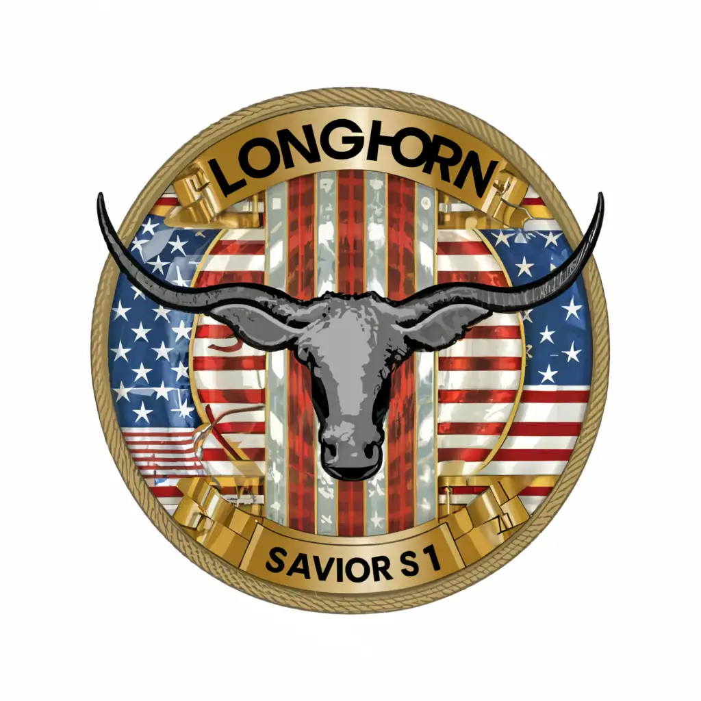 a logo design,with the text "JTF SAVIOR S1
Baghdad Diplomatic Support Center 
23-24
", main symbol:Longhorn with US and Iraq Flag,complex,clear background
