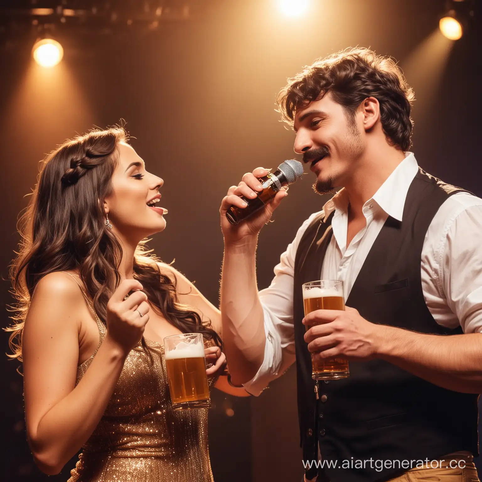 Певец поп музыки с усами и пивом в руке на сцене поет для любимой девушки