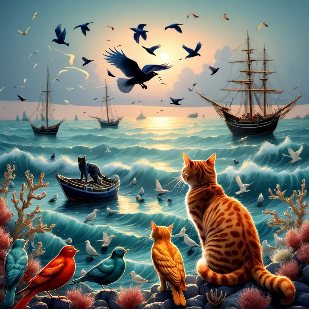 Ocean Sunset with Playful Cat and Birds