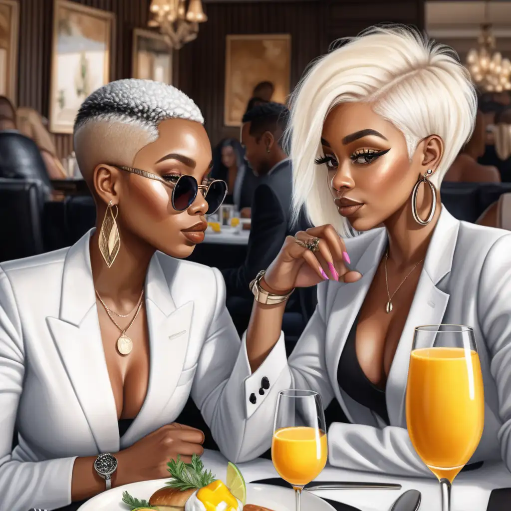 An realistic beautiful 
Black woman platinum blonde pixe haircut with Boss babe at a luxury restaurant having brunch and drinking mimosas with her bestfriend