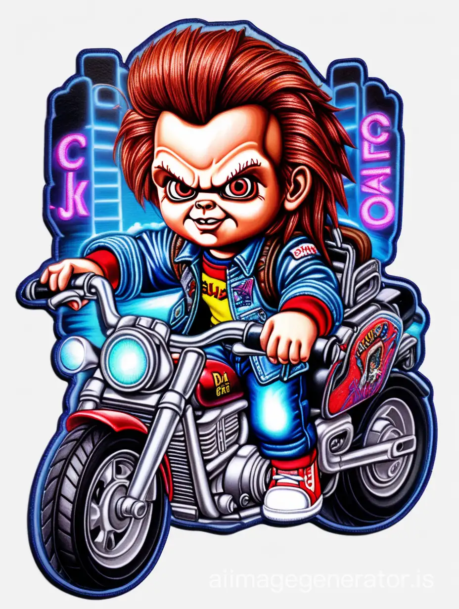 Draw the Chucky doll standing with a futuristic motorcycle dressed in urban clothing with holographic color shine. Add some special effects Write the word "Bellako" below with graffiti letters and RGB color. Let it be a hyperrealistic illustration. Embroidered patch effect.
