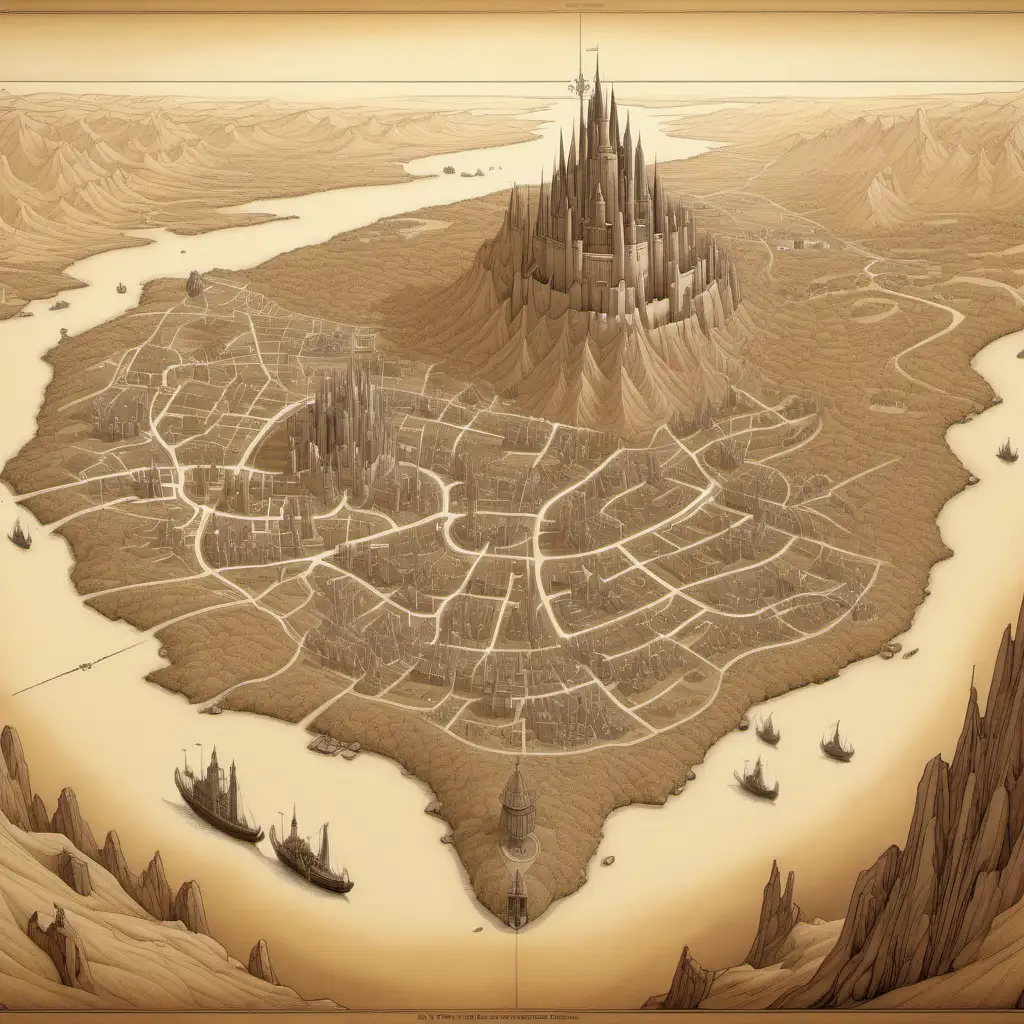 Large detailed medieval fantasy map sepia colors painted by Ralph McQuarrie