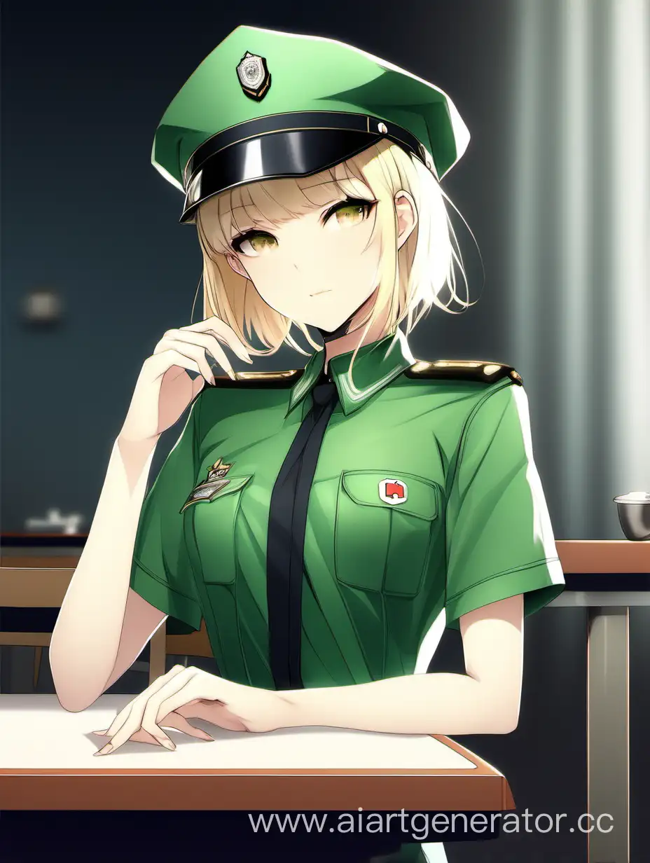 Young-Girl-in-Green-Uniform-Sitting-at-Table-with-Blonde-Short-Hair