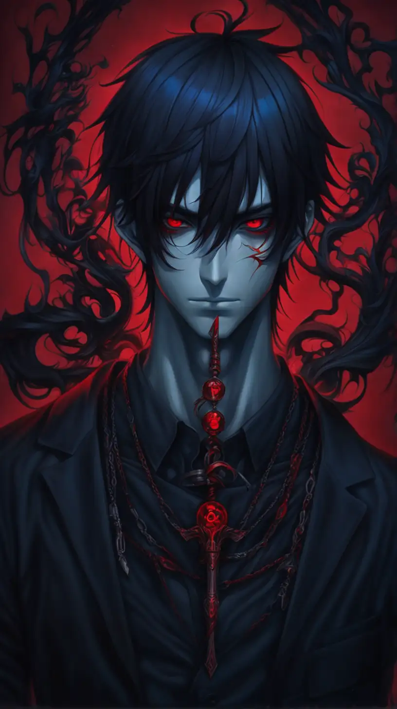 /imagine a man symbolizing Dark manipulation, psychology, Dark, Red, Anime, blue