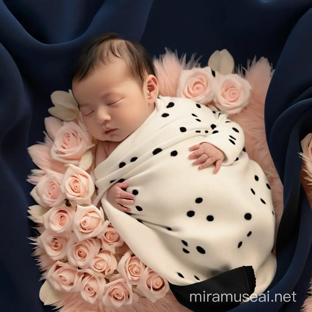 A Chinese newborn, Asian Chinese baby, rosy face, black hair, white swaddling clothes, surrounded by dreamy rose flowers, 3d newborn dalmation 3d newborn with head, baby photography, 3d digital art gallery & baby doll photo gallery, in the style of abdel hadi ai gazzar, 3 months old iw 2 --s 750
