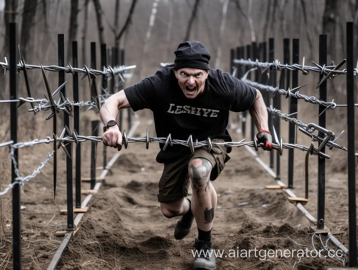 Leshye with huge adjustable wrenches pass an obstacle course with barbed wire