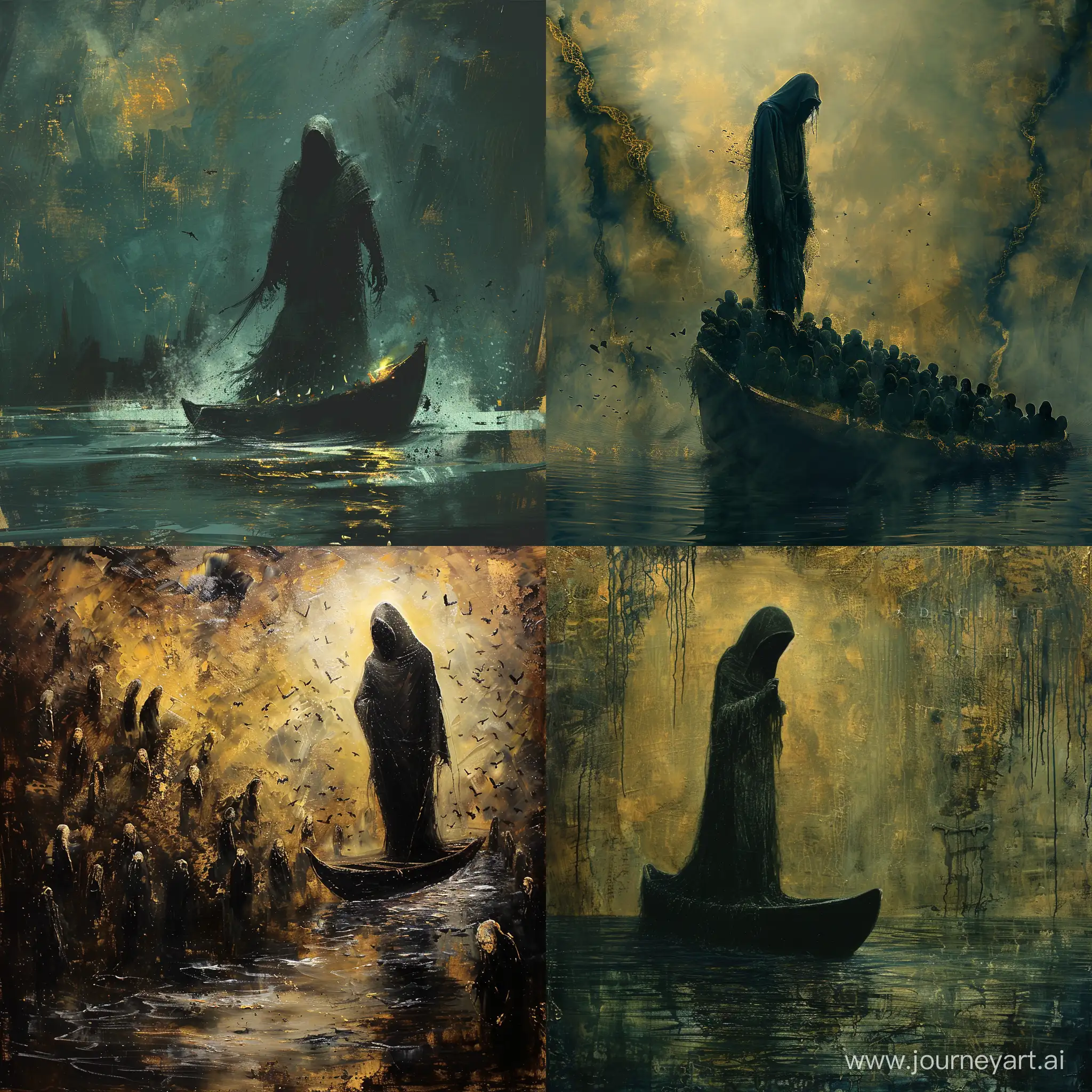  a hooded ferryman standing on a boat floating on a river of souls in the style of a crude oil painting