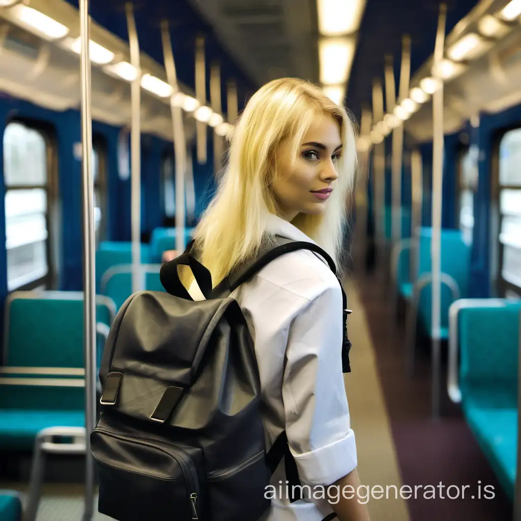 blonde girl with a backpack in a train