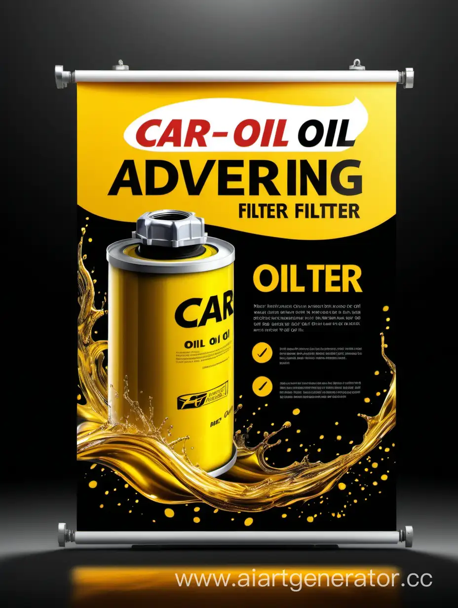 рекламный баннер, автомобильный масляный фильтр , бесплатная замена масла,  вокруг волны моторного масла светло-желтого цвета,масляный фильтр, брызги моторного масла