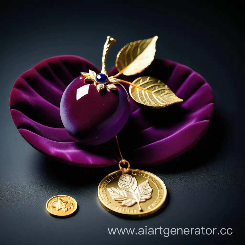 Elegant-Woman-Adorned-in-Velvet-Plum-amidst-Precious-Stones-and-Golden-Coins