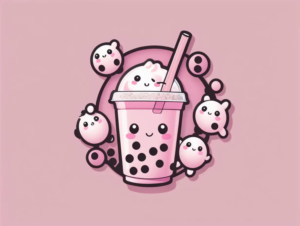  Bubble tea logo with pink cute cartoonist background.  More cute and cool. "
