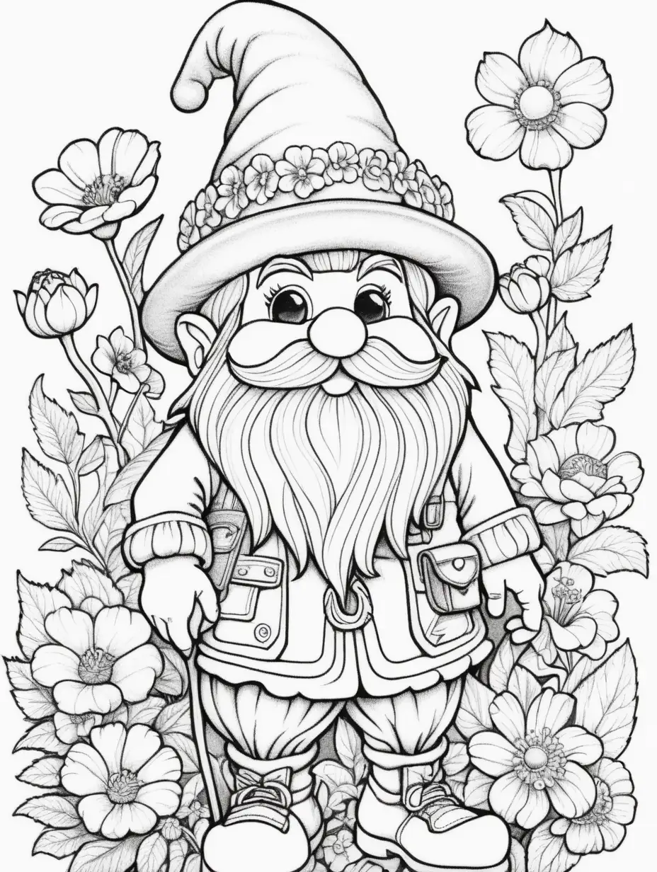 PeachColored Gnome with Red Floral Hat Adult Coloring Book Illustration