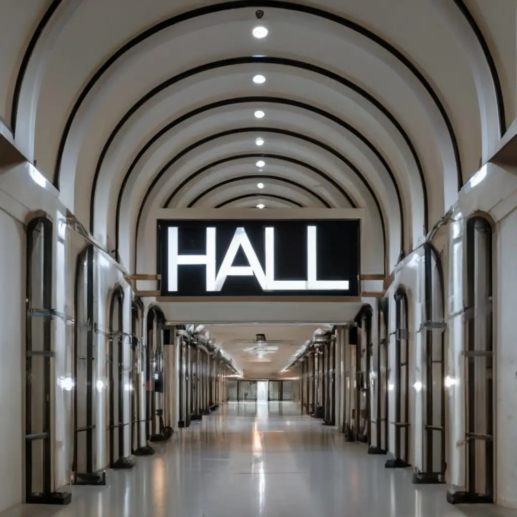 logo, an endless hallway, with the text "Hall", typography