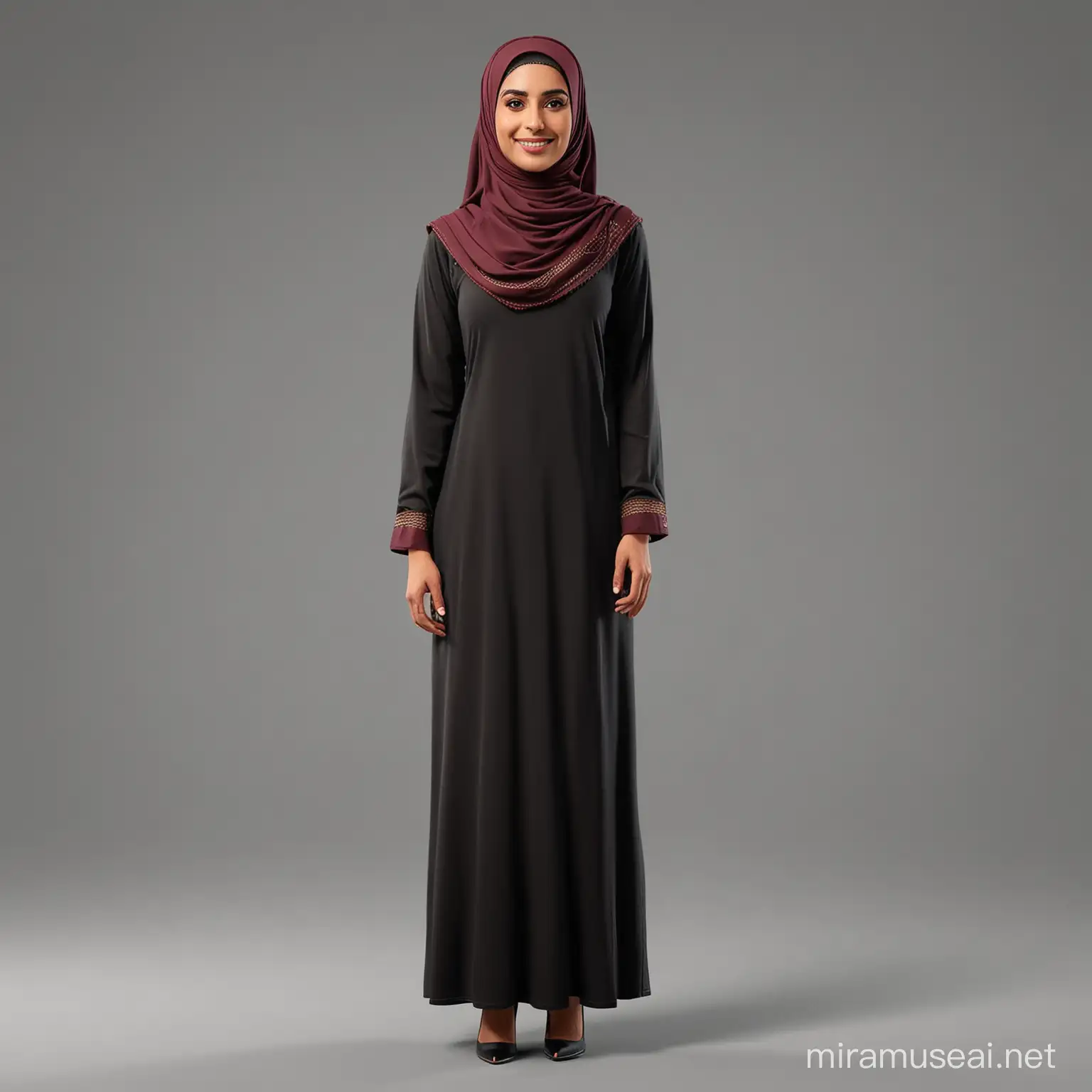 Create a female 3D cartoon avtar of a qatar women with plain backround full length, from head to toe in back local attire
