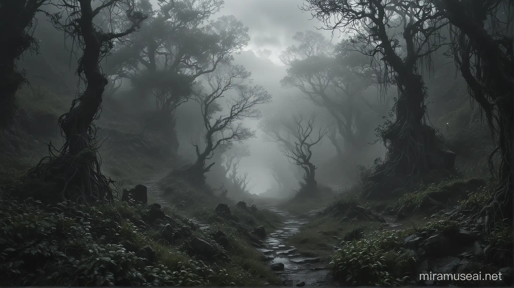 A dark, mist-shrouded landscape unfolds before our eyes, mysterious and foreboding. Jagged cliffs loom in the distance, partially obscured by swirling clouds. In the foreground, an ancient, overgrown path winds its way through tangled vines and gnarled trees, disappearing into the unknown depths. Strange, ethereal lights flicker faintly in the distance, hinting at unseen secrets hidden within the eerie landscape. A sense of both wonder and trepidation fills the air as we embark on a journey into this enigmatic realm, where every shadow conceals a mystery waiting to be unveiled
