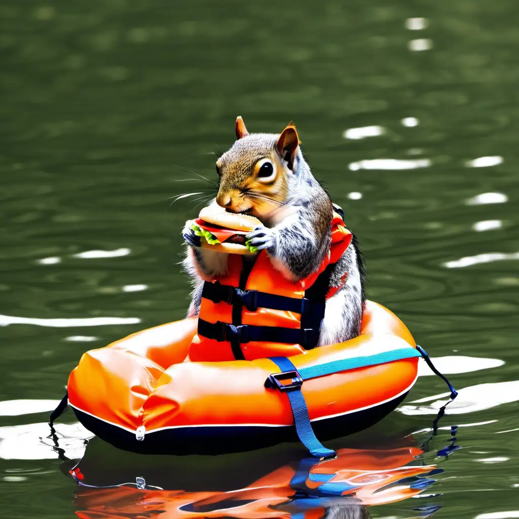 squirrel in a life jacket eating a hamburger
