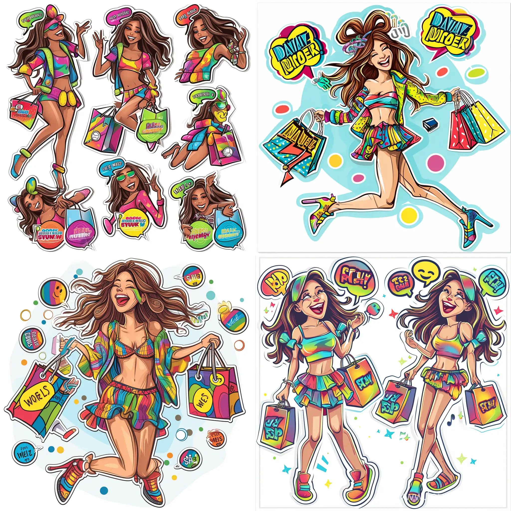 set stickers emoji featuring, pixar style, brunette woman, 30 years old, with a sweet smile, wearing stylish colorful clothes and accessories, dancing joyfully while holding shopping bags with sales tags, word bubbles around her head like in comics, word bubbles around her head like in comics, with vibrant colors and white borders on a minimal background