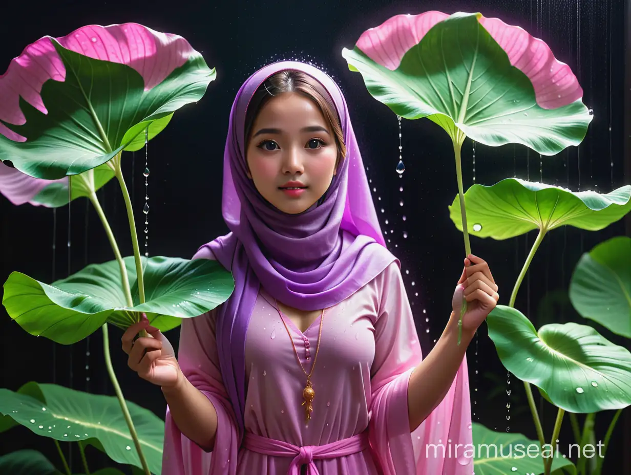 A beautiful Asian girl wearing hijab is standing on its hind legs, clutching the stem of a very large taro leaves. The taro leaves is very bigger, drenched in water droplets that glisten like jewels, bends under the weight of the moisture. Each petal is painted with shades of pink and purple, contrasting beautifully against the dark background. Water droplets are suspended mid-air, creating a magical atmosphere. The girl appears enchanted by the scene, its eyes wide with wonder.