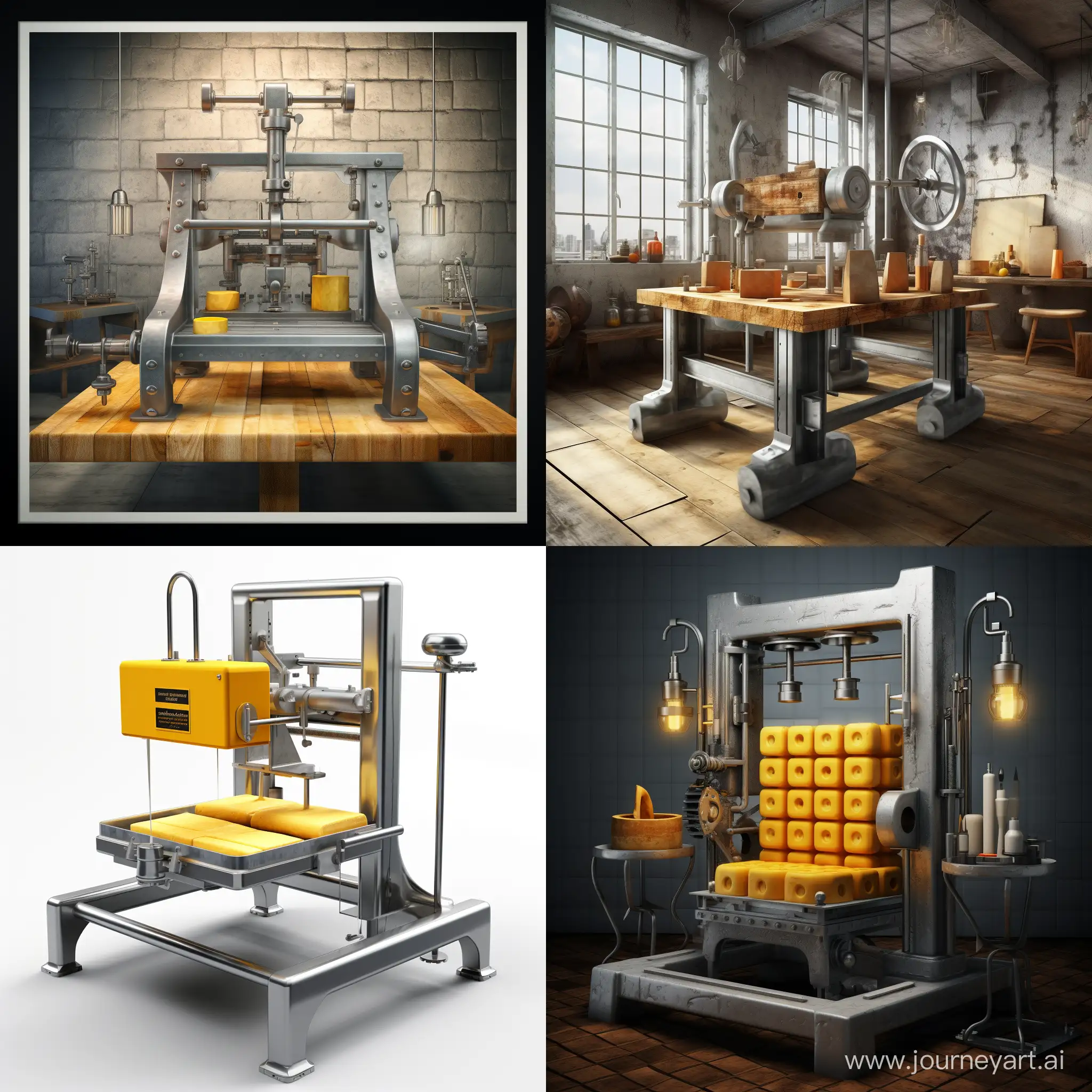 Photo-realistic 8k manual mechanical stainless steel press for pressing cheese heads trolley on wheels
Two removable pylons above a rectangular bathtub with three screw drives of presses. real industrial style