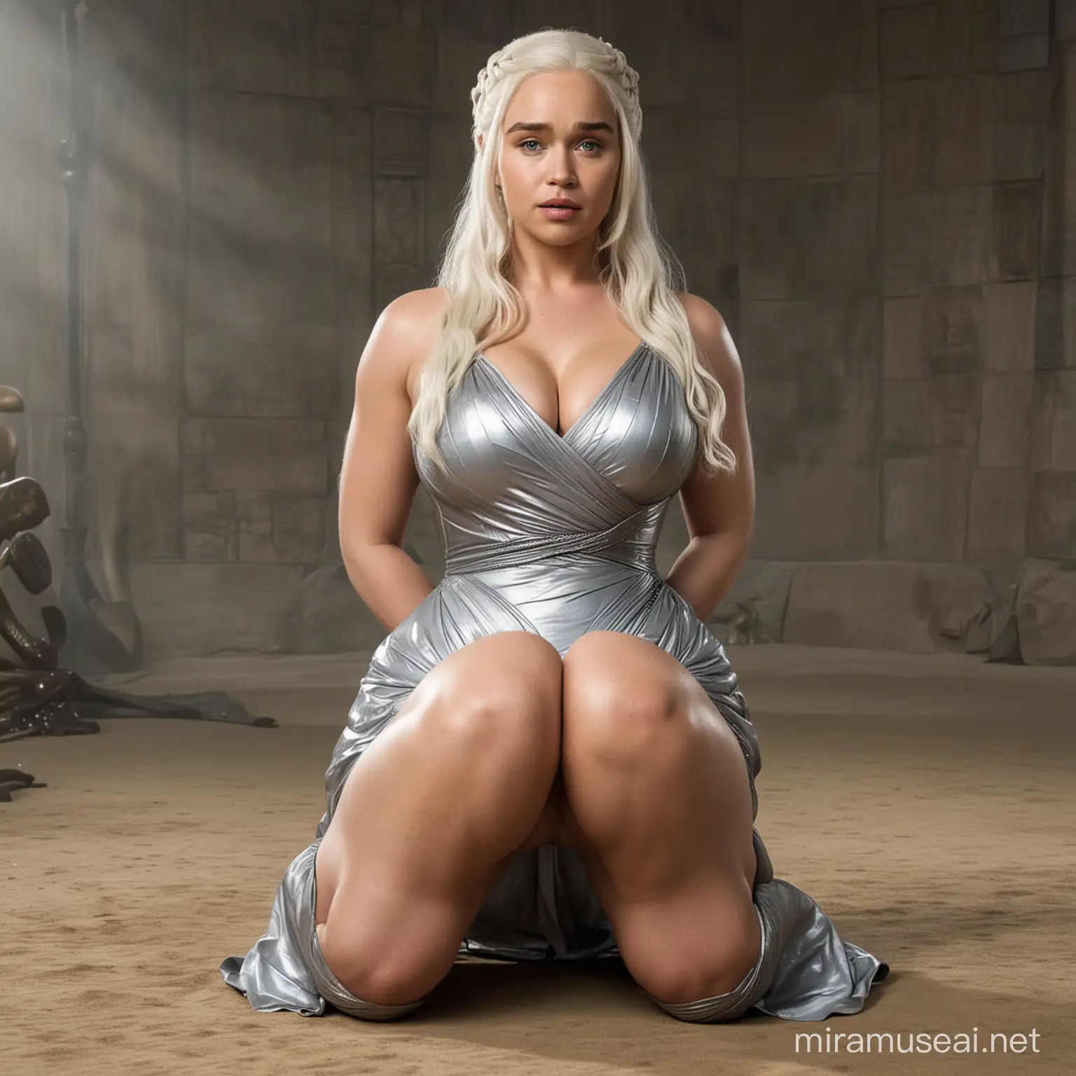 daenerys targaryen, tight silver dress, squatting, bbw, insanely giant ass, pawg, curvy accentuated booty, thicc, insanely inflated hips, from game of thrones, fully clothed
