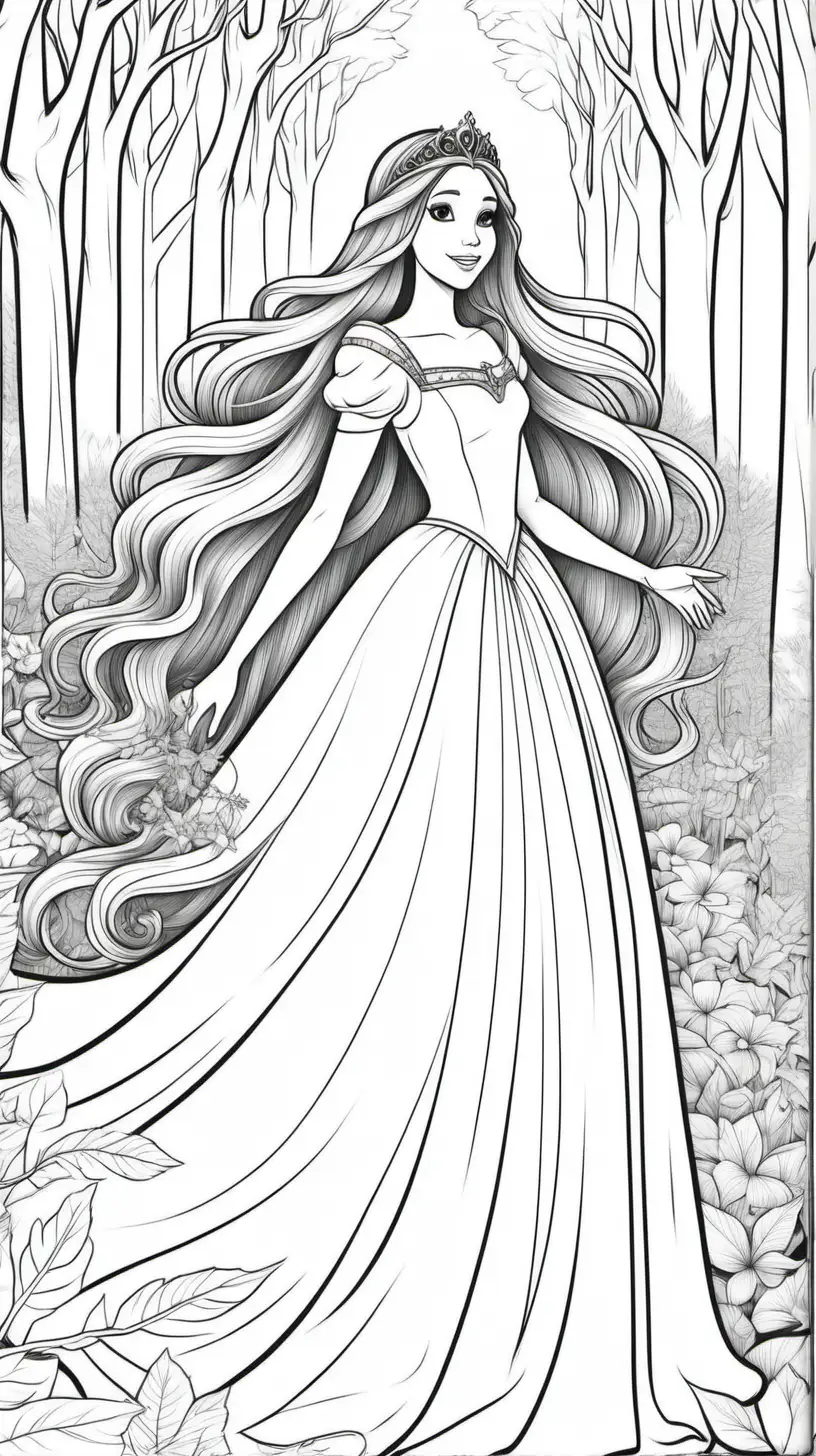 dibujo para colorear con fondo blanco y lineas negras  de una princesa con el pelo muy largo   en un bosque con flores 