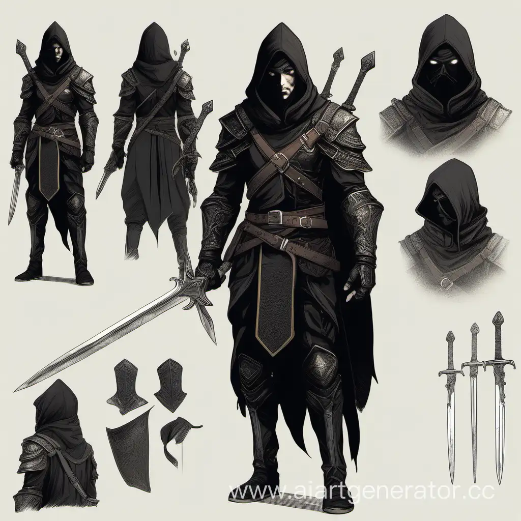 Нарисуй человека, воина в черной одежде похожей на костюм вора из Skyrim, двуручный меч на спине, одноручный меч в ножнах на поясе, капюшон, черные волосы до глаз, медальон, худое тело