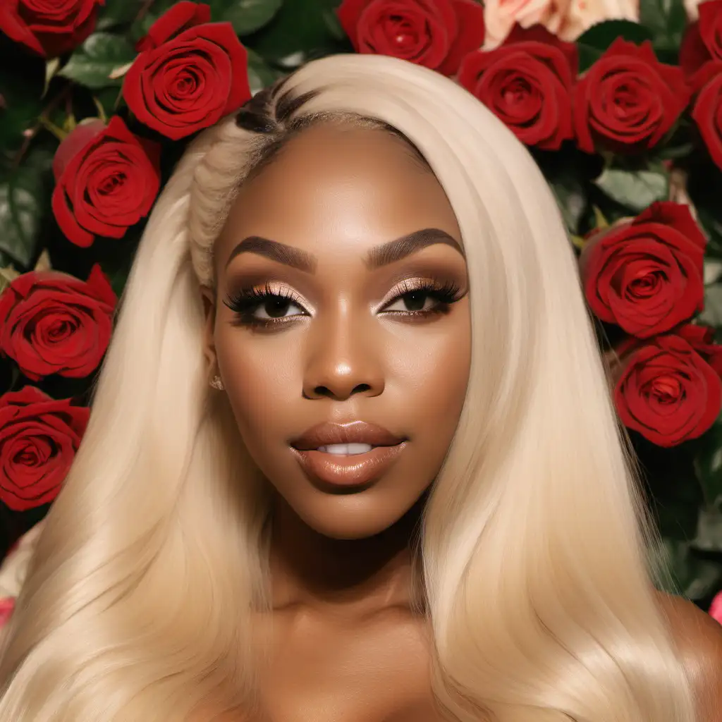 black women with long blonde hair  with natural looking makeup on and roses all over the background 