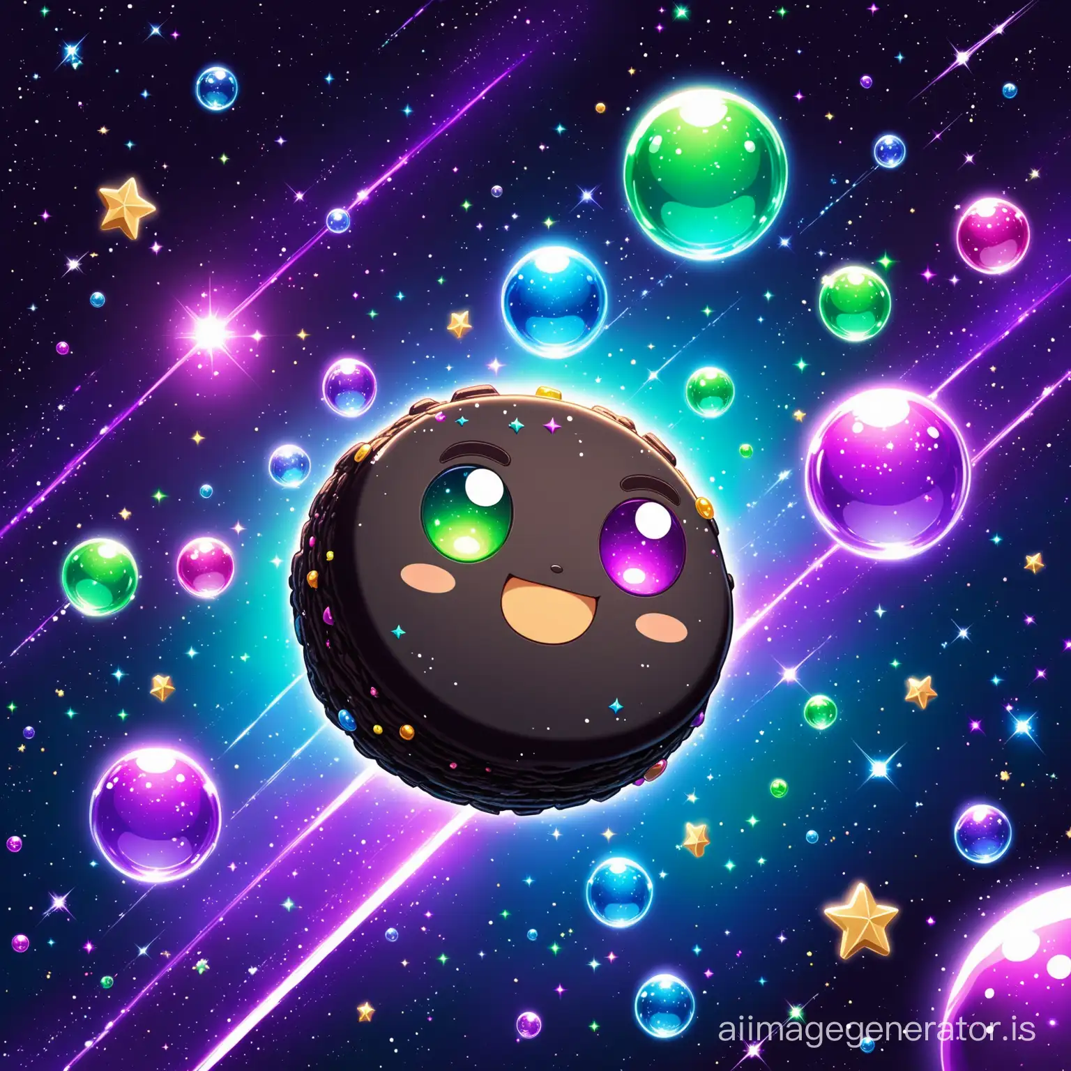 a happy black cookie with green eyes flying in space
Bubbles are scattered in the environment
also little purple blocks in space
Details are evident beautifully and with great precision