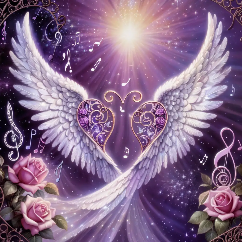 angel wings, with dark purple, rose, music note background,  filigree, sparkle, glistening, glowing, glittery, Thomas Kinkade