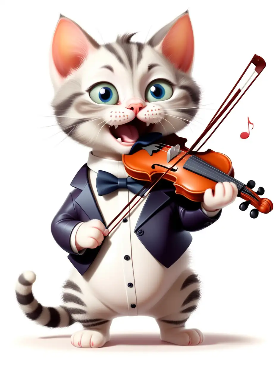 A cute funny baby little cat with a bowtie and big belly is playing a big and funny violin 