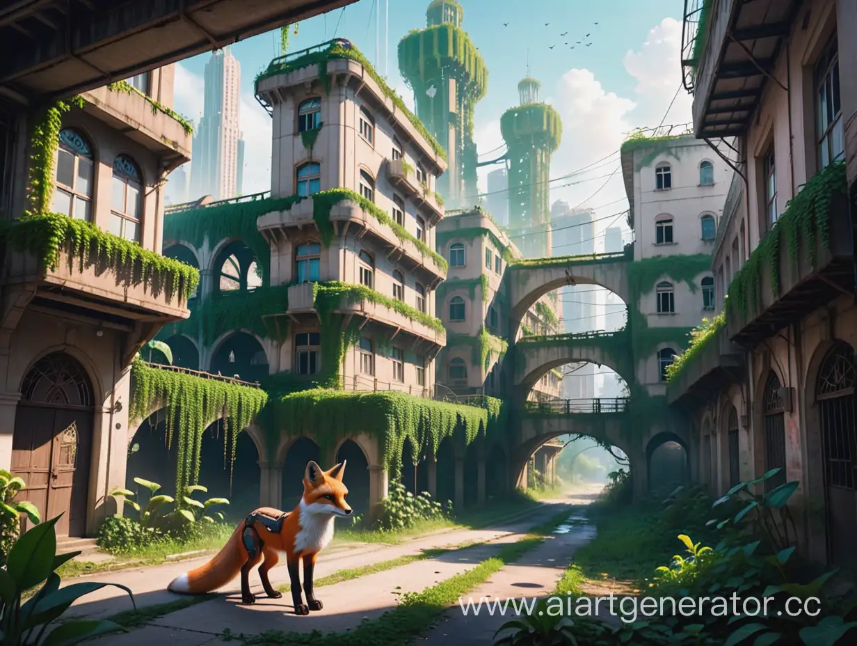 Overgrown-Cityscape-with-Cyborg-Foxes-Exploring
