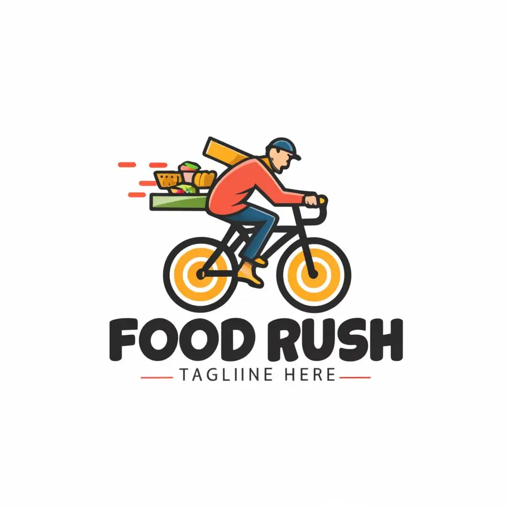 a logo design,with the text "Food rush", main symbol:A man delivering a food faster using bicycle,complex,be used in Restaurant industry,clear background