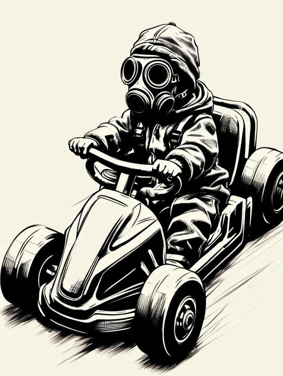 Little boy with Gas mask on go-kart sketch