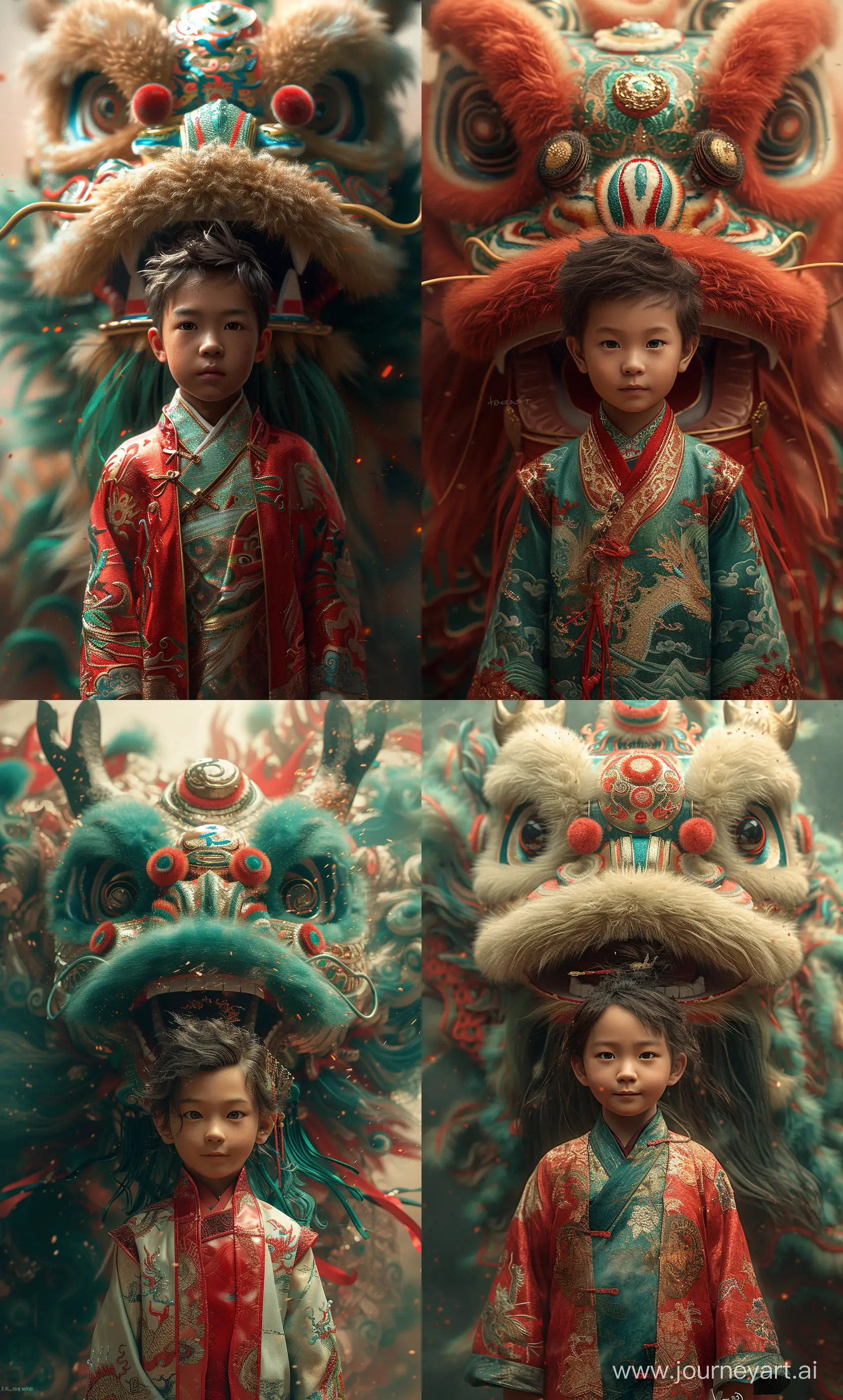a chinese boy is standing in front of a lunar new year dragon, in the style of digital painting, intricate costumes, victorian-inspired illustrations, daz3d, joyful chaos, light red and green, traditional costumes --ar 73:121 --stylize 750 --v 6