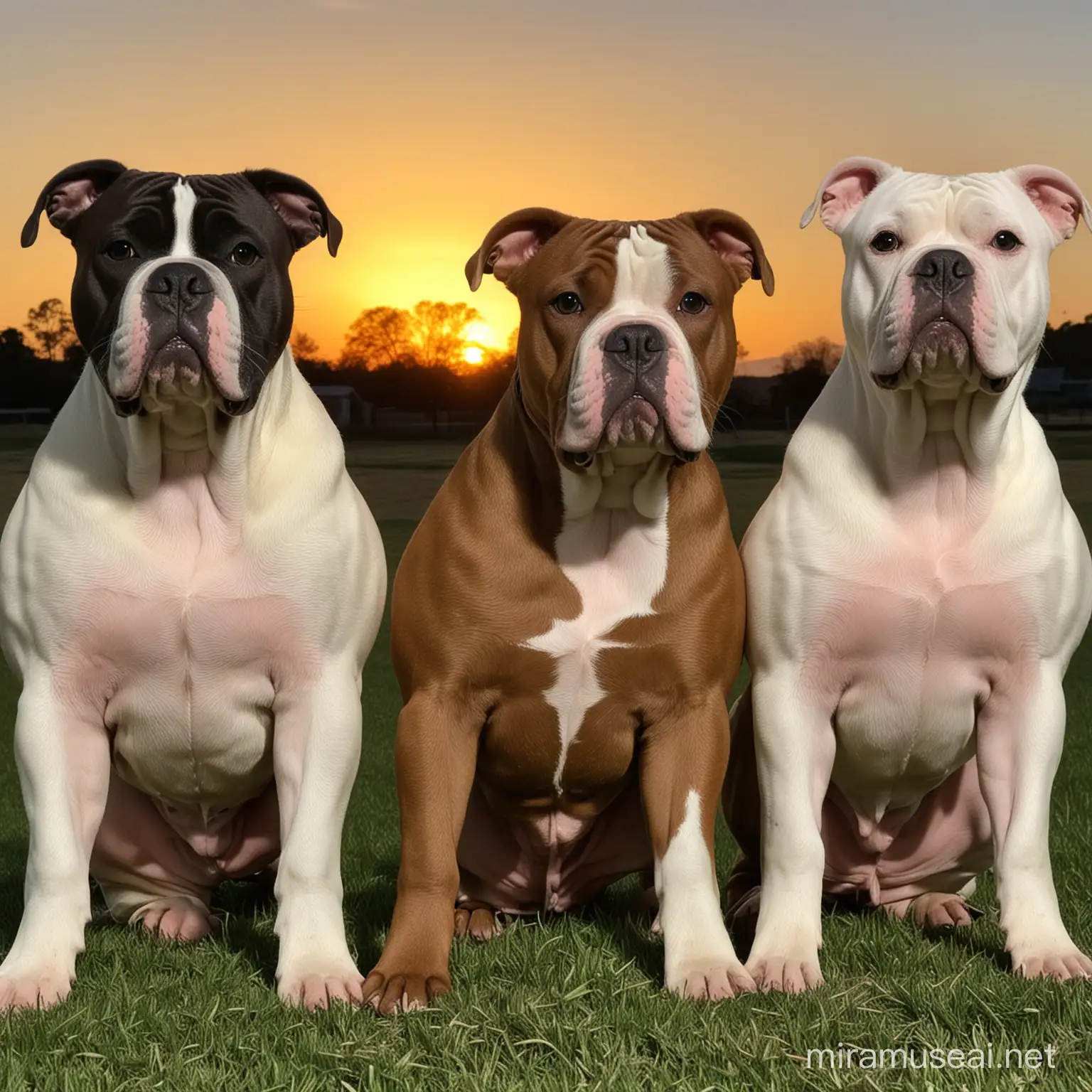 3 amrecican bully with sunset backgroubt and a name TLPK AIN THE FRONT