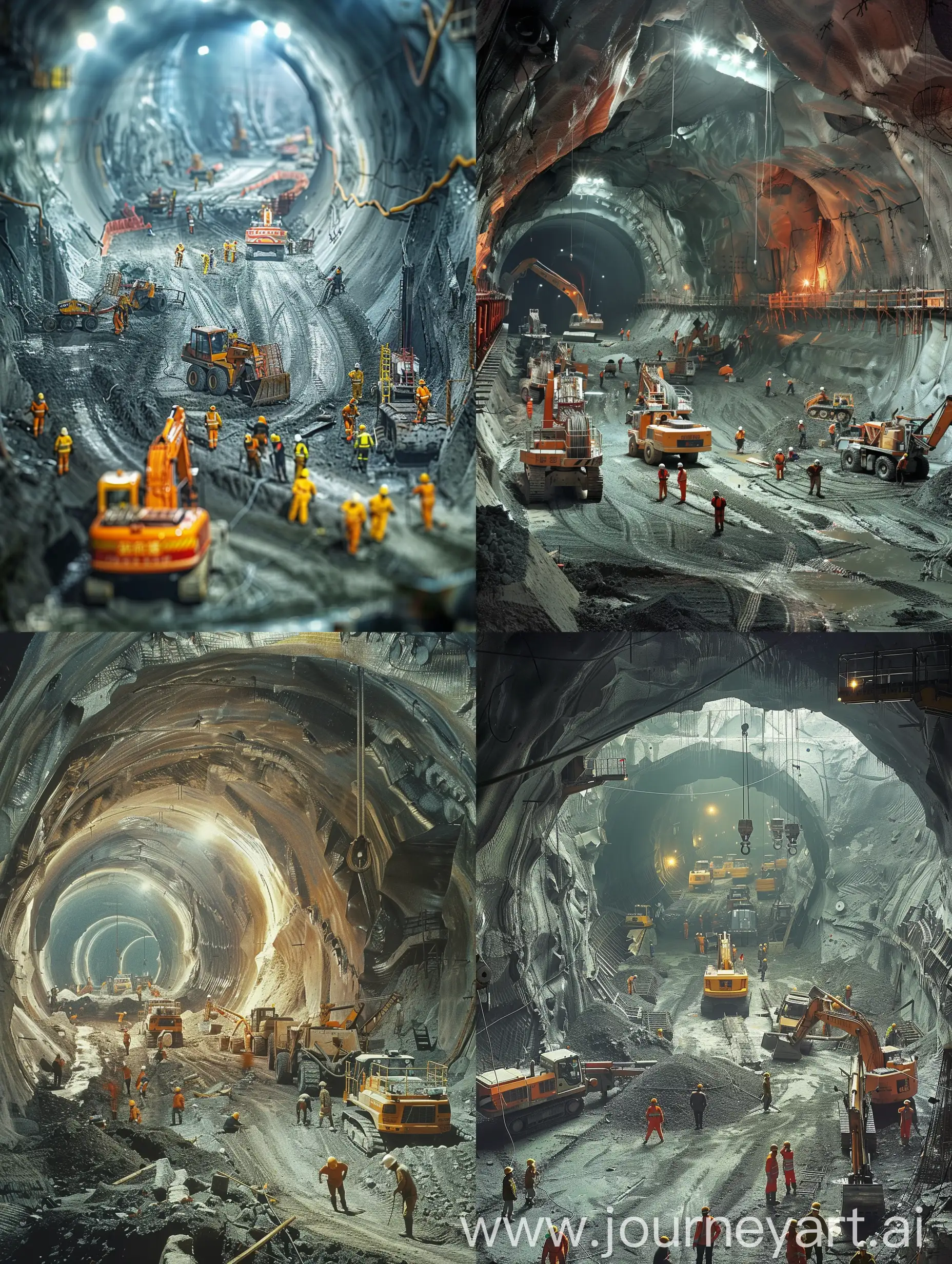 中国矿山井下，工人正在施工隧洞工程，有工人，施工机械，场面忙碌