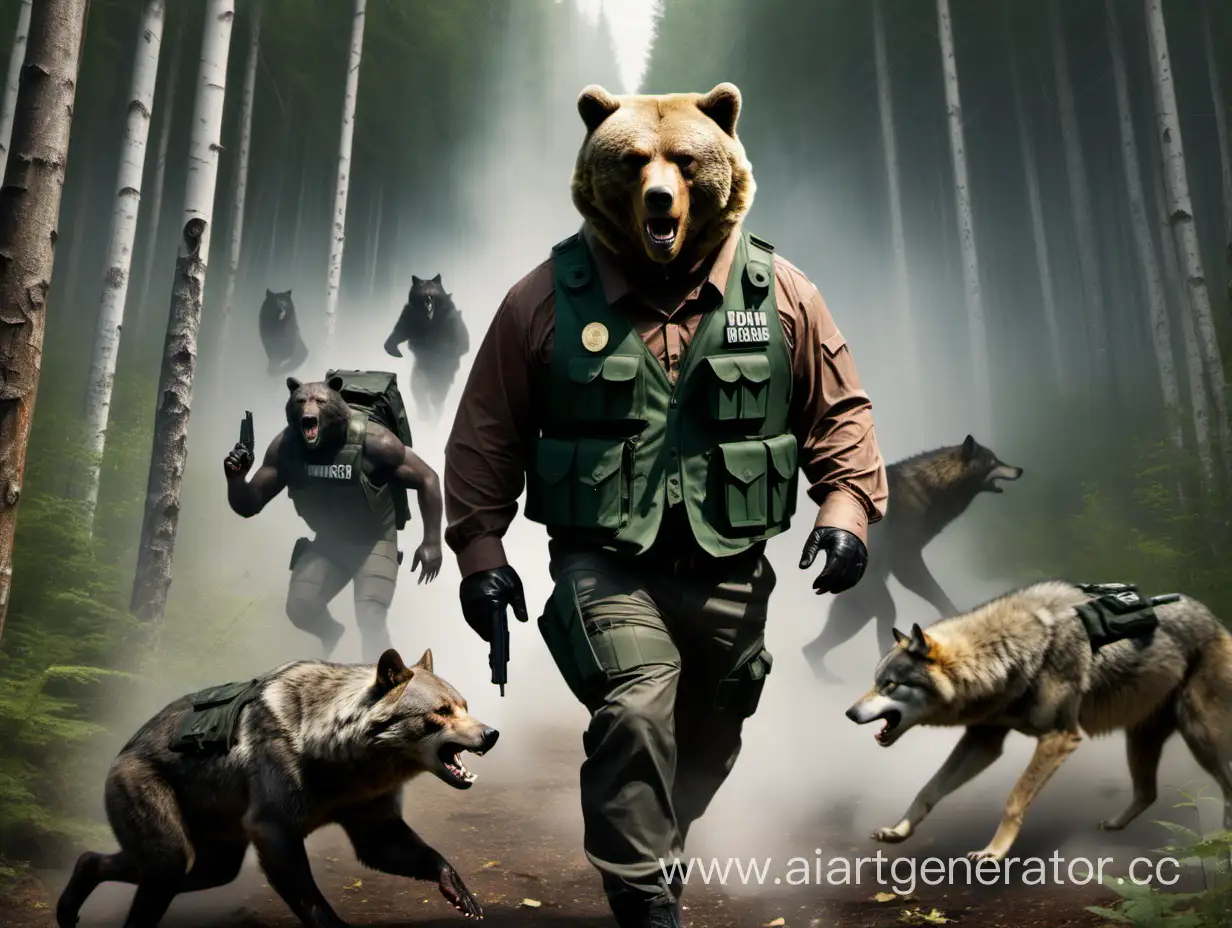 Bear-Strolls-through-Forest-in-Bulletproof-Vest-Amidst-Money-Rain-and-Wolf-Intrigue