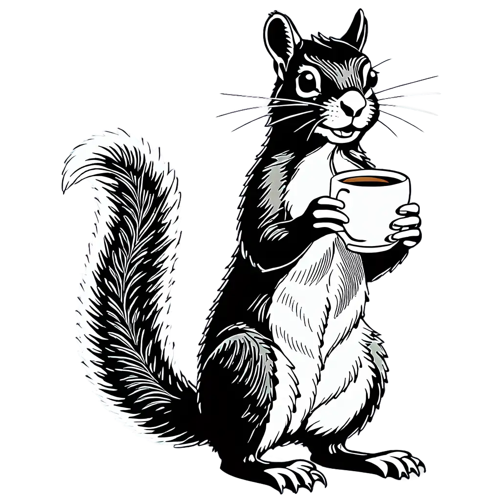 black and white, front-facing line art drawing of a giant squirrel sitting on his hind legs and holding a cup of coffee