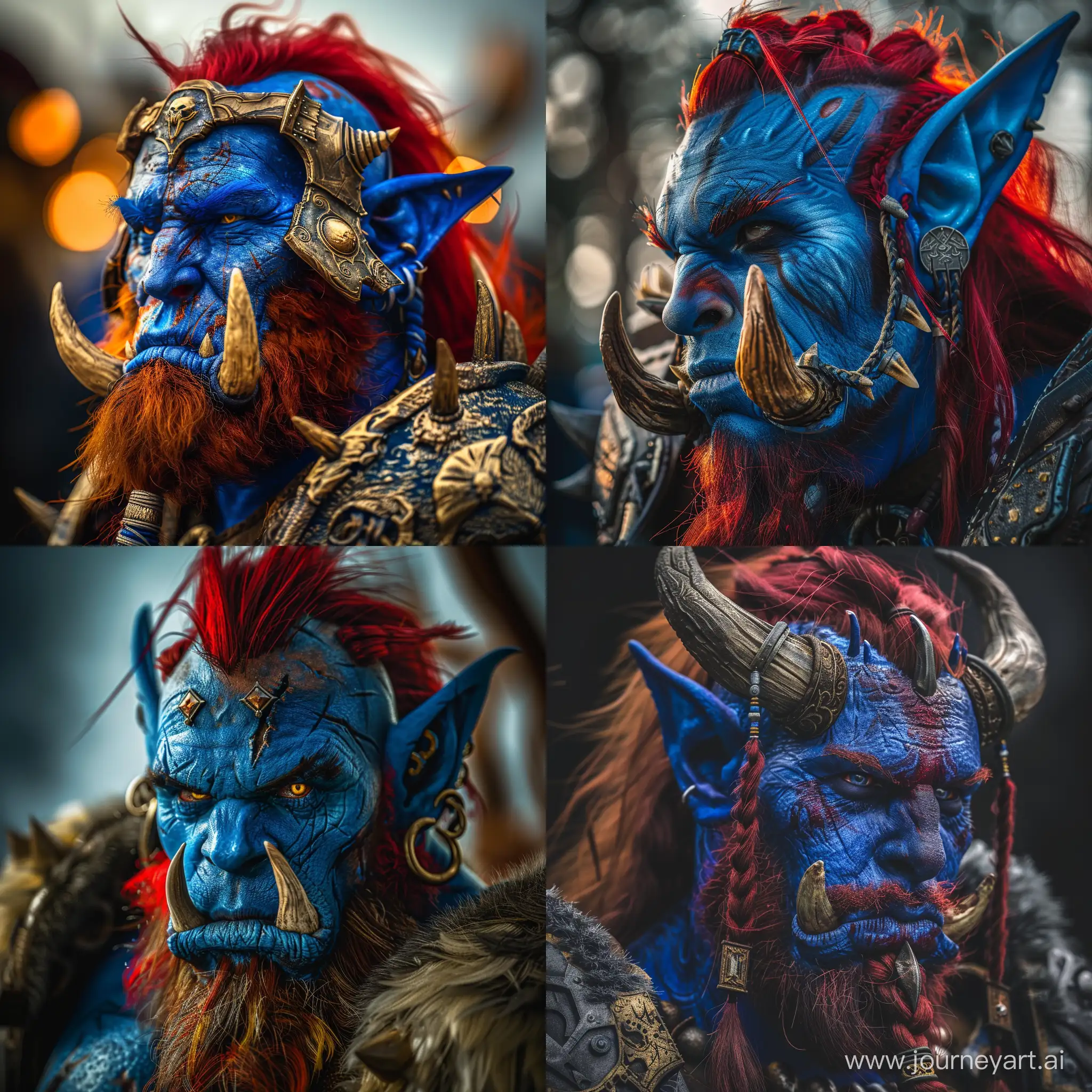 world of warcraft Vol'jin character, blue skin, red hair, tusks, ultra realistic, hyber detailed, modelcore, portrait photo. use sony a7 II camera with an 30mm lens fat F.1.2 aperture setting to blur the background and isolate the subject. use distinctive lighting on the subjects shot. The image should be shot in ultra-high resolution. --v 6
