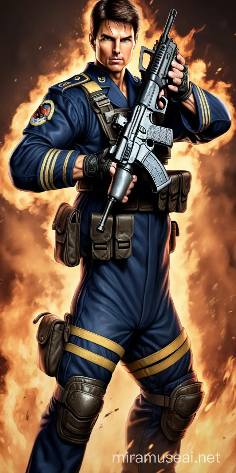 video game art style, Tom Cruise reimagined as a Mortal Kombat character, dressed in US navy uniform, wielding a machine gun, badass expression