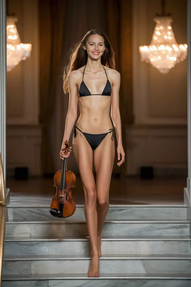 Beautiful 19-year-old Polish tall slender woman with long hair wearing a black triangle string bikini. She is not wearing makeup. She is walking up in a staircase, holding a violin. She looks shy but smiles. 