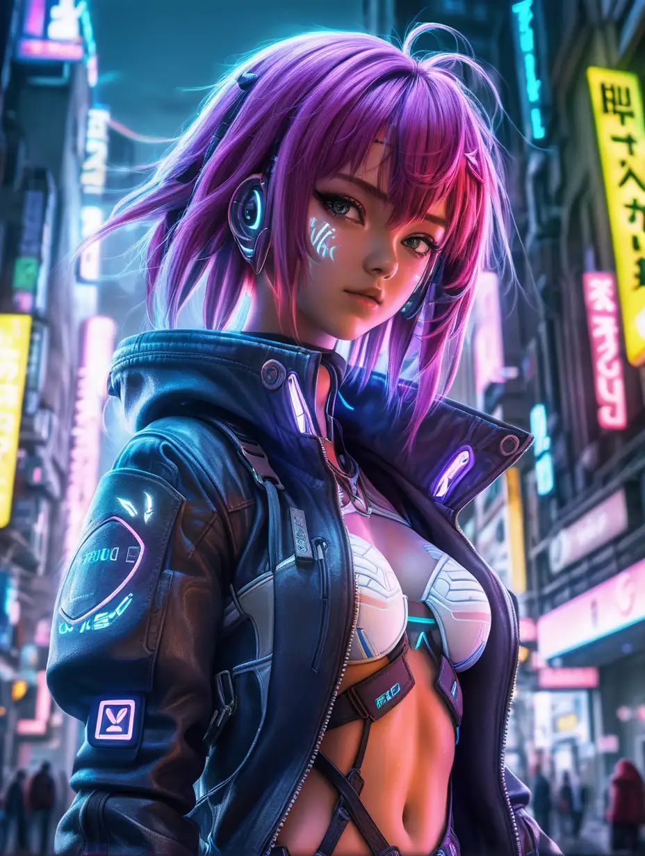 (cinematic lighting), In a cyberpunk metropolis, an anime girl, perfect breast, embraces the neon-lit chaos with futuristic attire sleek, tech infused clothing that mirrors the urban landscape, Glowing augmentations and vibrant hair add a cybernetic touch, while her determined gaze hints at a fusion of resilience and adaptability in this high-tech, dystopian realm, kneel on the wet ground, angle from below, intricate details, detailed face, detailed eyes, hyper realistic photography,--v 5, unreal engine,