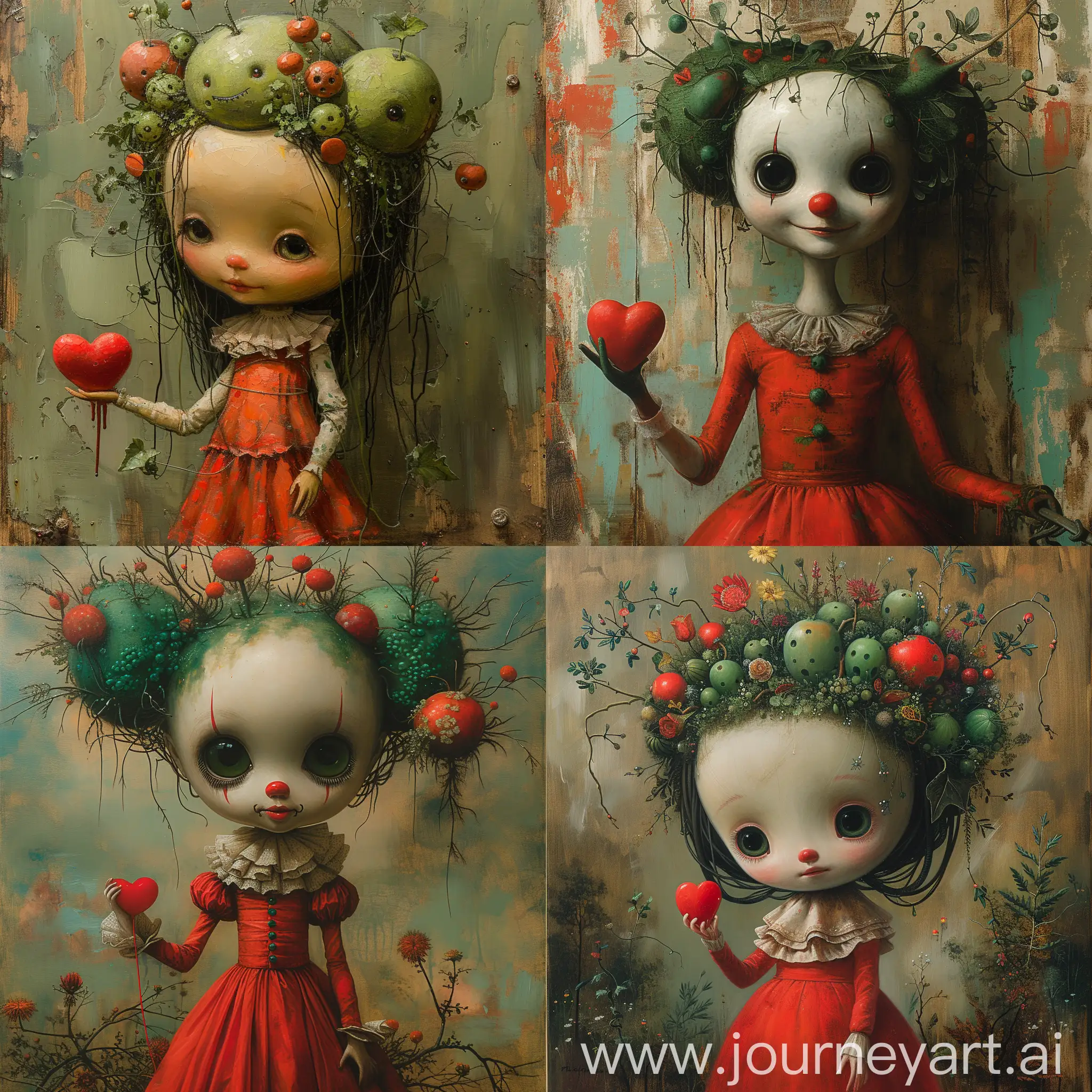 
Wide-Angle Shot,  a  stunning china clown doll with a head full of surreal green things,  a red dress,  holds in her hand a red heart, surreal background, matte, fine oil painting, contemporary, bright colours,  red and green, --stop 95 --stylize 650

